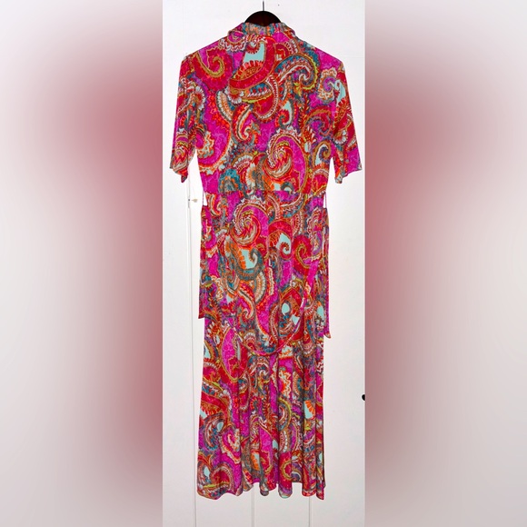MSK Paisley Print Short Sleeve Collar Midi Dress Women L Unique Art To Wear‎ NEW - Picture 2 of 10
